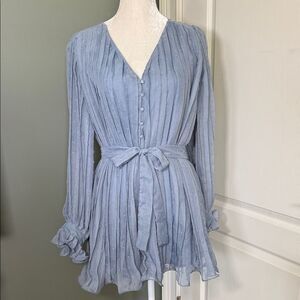 Endless Rose Blue Pleated Swiss Dot Flowy Romper Long Sleeve Tie Waist Small